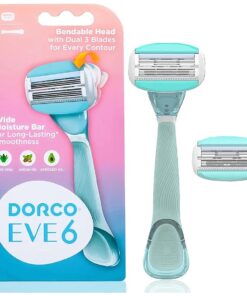 Dorco EVE6 Razors for Women for Extra Smooth Shaving ( 1 Razor Handle, 2 Pcs Razor Blade Refills ), 6 Curved Blades with Flexible Moisture Bar, Womens Razors for Shaving with Aloe Vera Moisture Bar, Interchangeable Cartridge for Sensitive Skin, Mothers Day Gift