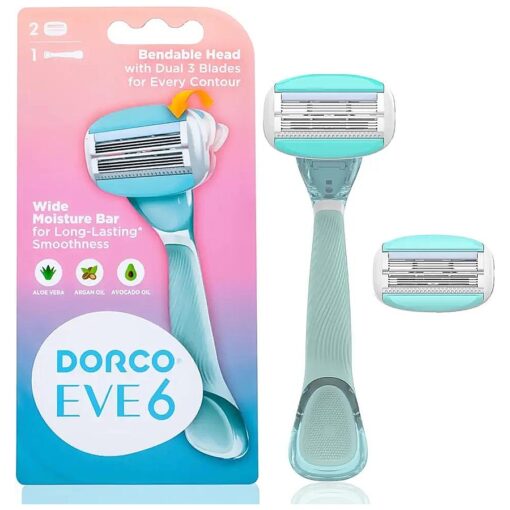 Dorco EVE6 Razors for Women for Extra Smooth Shaving ( 1 Razor Handle, 2 Pcs Razor Blade Refills ), 6 Curved Blades with Flexible Moisture Bar, Womens Razors for Shaving with Aloe Vera Moisture Bar, Interchangeable Cartridge for Sensitive Skin, Mothers Day Gift