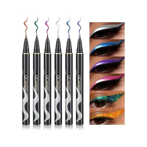 UCANBE 6 Colors Glitter Liquid Eyeliner Makeup Set, Metallic Eye Liner Pen Included Blue Green Purple Silver Orange Red, Long Lasting High Pigmented with Waterproof & Smudge Proof Formula