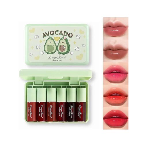 6 Colors Lip Tint Stain Set, Multi-Use Lip & Cheek Tint Korean Makeup Mini Liquid Lipstick, Avocado Moisturizing Lip Stain Lip Gloss