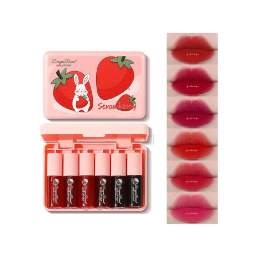 6 Colors Water Tint Lip Stain Set Plumping Mini Liquid Lipstick Moisturizing Lip Oil Tinted Lip Stain Long Lasting Non-Sticky Lip Plumping Set for Women Daily Lip Makeup