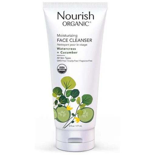 Nourish Organic Moisturizing Face Cleanser with Aloe Vera/Watercress/Cucumber ( Natural Source of Vitamin C ), Face Wash for Women, Organic Face Wash for Sensitive Skin, 6 Fl Oz