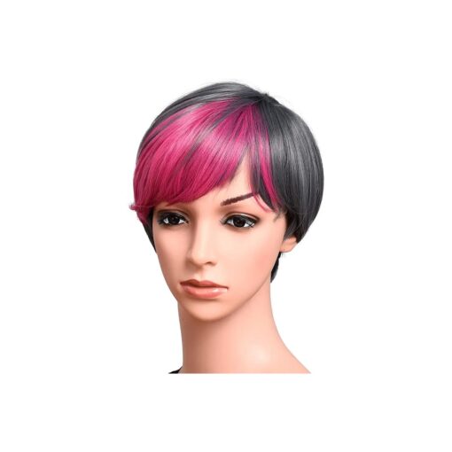 Kori Koli Short Hair Wig 100 % Kanekalon Fiber Cosplay Daily Party Colorful Synthetic Wig for Women 6 inches ( GRAY/PINK )