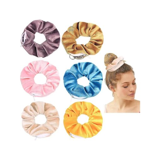 Women Premium Velvet Scrunchie with zipper pouch hair ties Ropes secret zipper pocket scrunchies Tie Hidden Pocket scrunchies Hair Bands Soft Stash Hair Elastic Ties for Vsco Girl Stuff Scrunchies ( 6