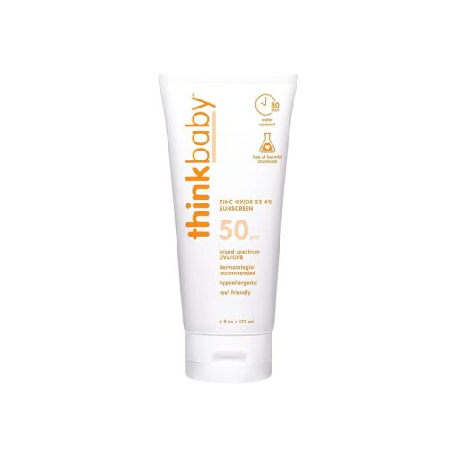 Thinkbaby SPF 50+ Baby Mineral Sunscreen - Safe, Natural Sunblock for Babies - Water Resistant Sun Cream - Broad Spectrum UVA/UVB Sun Protection - Vegan Baby Sunscreen Lotion, 6 Oz .