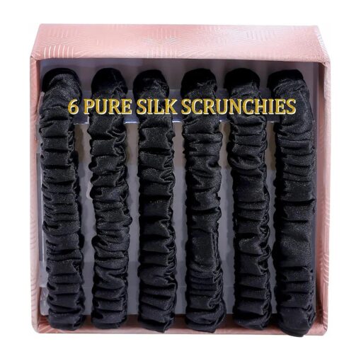 6PCS 100 % Mulberry Silk Hair Ties Small Silk Scrunchies for Women Girls Curly Thick Thin Hair .Women 's Black Cute Satin Sleepy Bulk Hair Tie Scrunchie Sleep