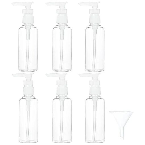 6 Pack Transparent Travel Bottles Pump Bottle Lotion Dispenser Bottle Set with Small Funnel for Flight, Airport, Holiday ( White, 100 ml )