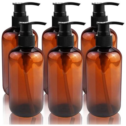 6 Pack 8oz Empty Plastic Pump Bottles, BPA-Free, Amber Refillable Pump Lotion Bottles with Travel Lock for Body Wash, Shampoo, Hand Sanitizer, Lotion