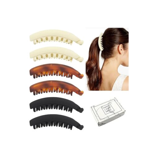 6 PCS Large Banana Clips Big Banana Hair Clips for Thick Hair, 5.3" Nonslip Clincher Combs Banana Combs for Thin Hair, Strong Hold Ponytail Holder Clip Matte Clips for Women Girls, Black Brown White