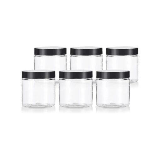 JUVITUS 4 oz Clear Plastic PET Travel Jar with Black Smooth Lid ( 6 Pack )