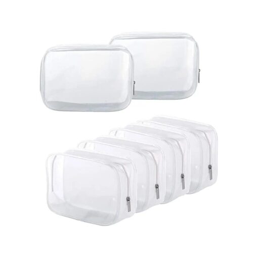 6 Pack Clear Toiletry Carry Pouch with Zipper Portable Plastic Waterproof Cosmetic Bag TSA Approved for Vacation Travel Bathroom and Organizing ( White, Large )