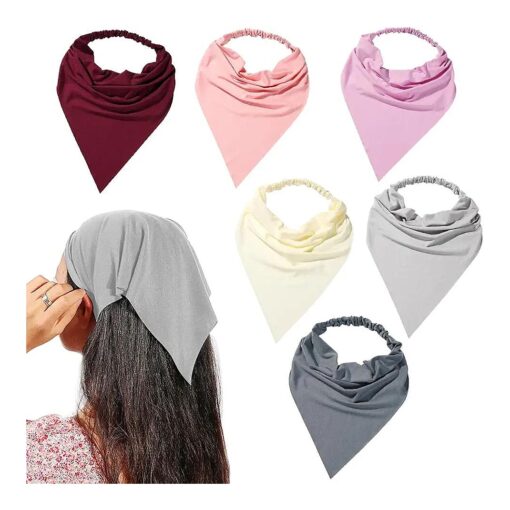 6 Pack Hair Scarf Headband for Women - Elastic Hair Kerchief Large Boho Triangle Bandana Head Scarf with Clips Non Slip Solid Color Headbands Hair Scarves for Teen Girls