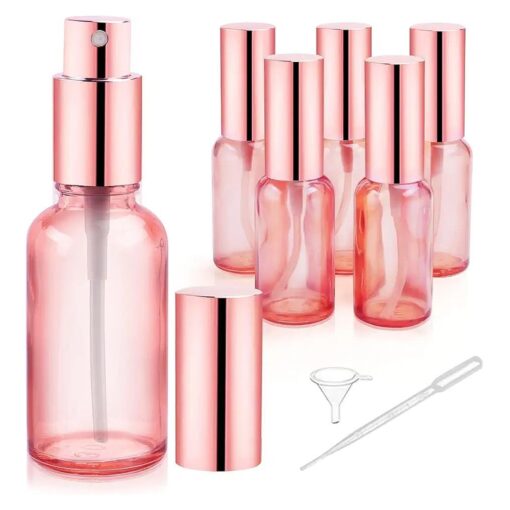 6 Pack 1 Oz Pink Glass Spray Bottles, Empty Perfume Fine Mist Atomizer, Rose-Golden Pump Head Travel Liquid Holder Containers for Cologne, Essential Oils, Body Sprays