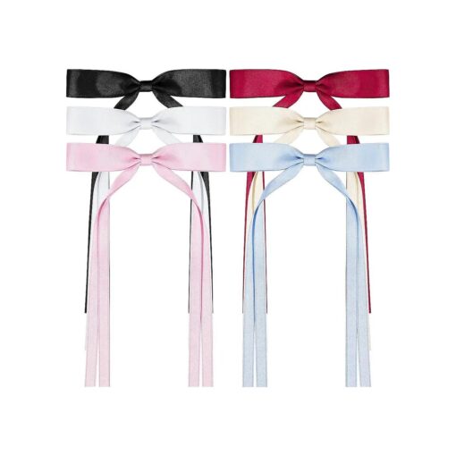 6 PCS Hair Bows for Women, Satin Hair Ribbon Hair Bows Metal Bow Hair Clips with Long Tail, Tassel Bowknot Hair Clips Hair Barrettes Hair Accessories for Women Girls Teens Kids