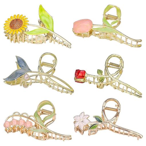 6 Pcs Flower Metal Hair Claw Clips Large Tulip Nonslip Hair Barrettes Strong Hold Hair Clamps Fashion Hair Accessories for Woman and Girls With Long Thick Thin Curly Hair