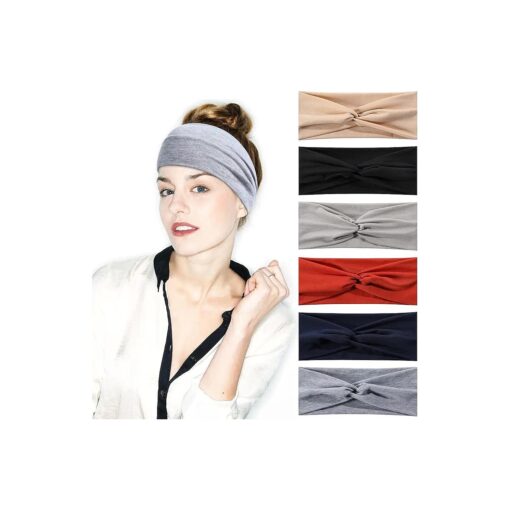 Achiou Twist Knotted Headband for Women, Wide Headband for Women 's Non Slip, Fashion Boho Hair Bands for Girls, Soft Elastic Turban Exercise Yoga Short & Curly Hair, 6 Pack