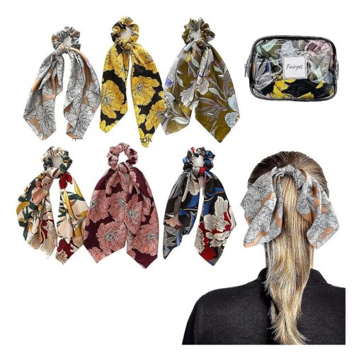 6 Pcs Hair Scrunchies with Scraf, Floral Hair Ribbons Vintage Hair bands, Ponytail Holder, Hair Ties for Women and Girls, Scrunchy Ties 2 in 1, Hair Accessories For Women, Hair Styling Accessories