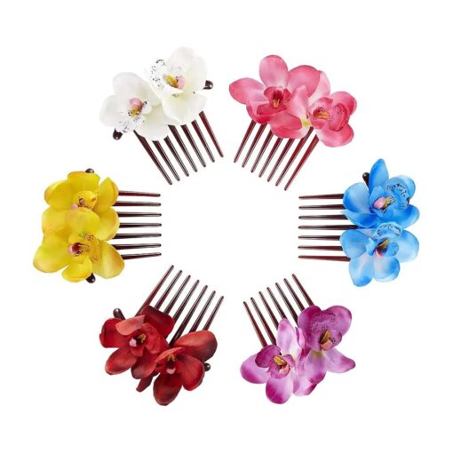 Lawie 6 Pack Super Large Artificial Orchid Flower Floral Plastic Hair Side Combs Clips With Teeth Hairpins Grips Barrettes Clamps Bows for Women Wedding Decorative Holiday Party Headpiece Accessories