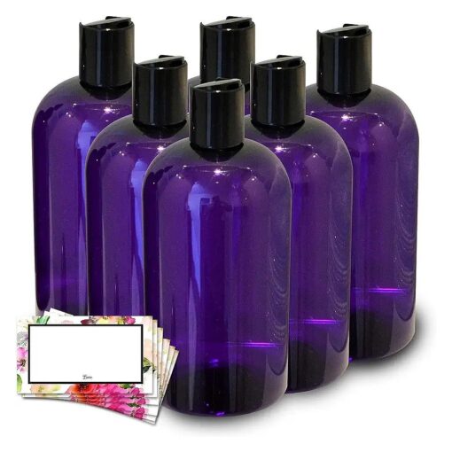 8 oz Empty Refillable Plastic Bottles with Squeeze Top, Hand-Press Lids - Hand Soap, Shower, Lotion, Homeopathy, Travel, 6 Pack PET, BPA Free USA ( Purple, Black Disc, Floral Labels )