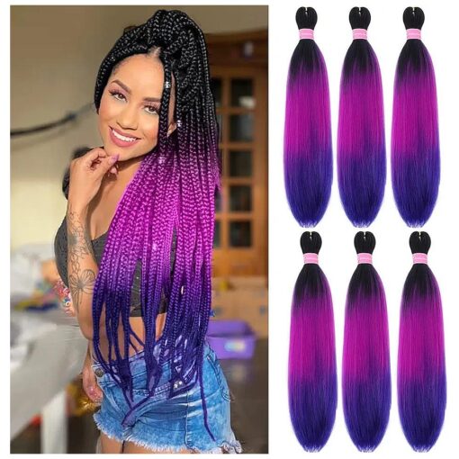 Pre Stretched Braiding Hair Extension 26 Inch 6 Packs High Temperature Synthetic Fiber Ombre Crochet Twist Hair Extensions for Braids ( Black/Purple/Blue )