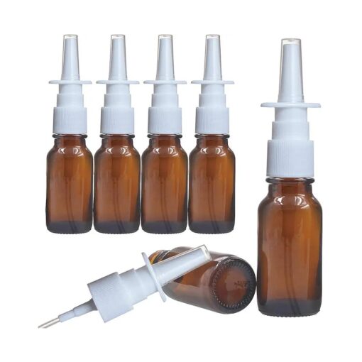 6 Pcs ( 15ml/0.5oz ) Amber Round Empty Glass Nasal Spray Bottle with Press Spray Head Refillable Portable Fine Mist Sprayers Atomizers Containers Pot Travel Sub Bottling for Colloidal Silver Saline