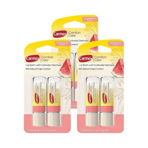 Carmex Comfort Care Lip Balm Sticks with Colloidal Oatmeal, Watermelon Blast Flavor, 6 Count ( 3 Packs of 2 )