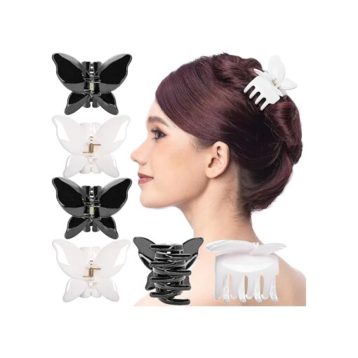 RC ROCHE ORNAMENT 6 Pcs Womens Butterfly Claw Jaw Strong Hold Grip No Slip Plastic Chic Styling Beauty Fashion Premium Professional Accessories Girls Ladies, Medium Black and White