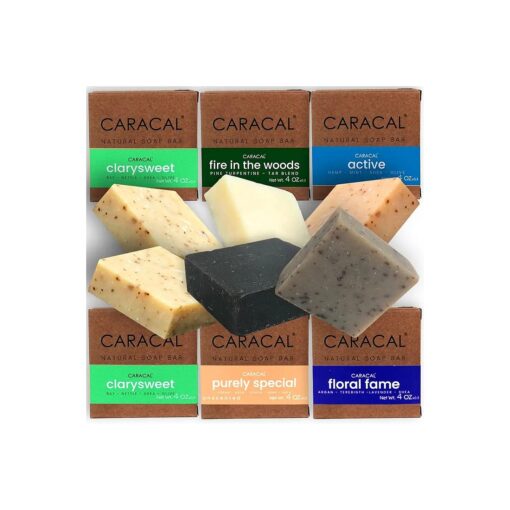 CARACAL 6-Bar Variety Pack, Handmade All Natural Soap for Men - Active, Purely Special, Floral Fame, Fire in The Woods, 2x ClarySweet