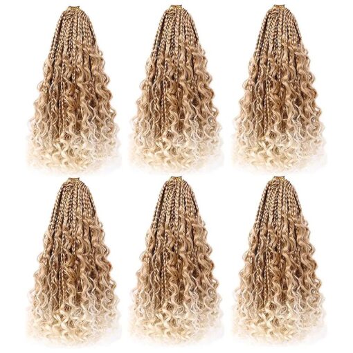 6 Packs Goddess Box Braids Crochet Hair with Curly Ends 14 Inch Ombre Blond Short Crochet Box Braids Synthetic Braiding 3X Bohemian Crochet Hair for Black Women Hair Extension ( T27/613 )