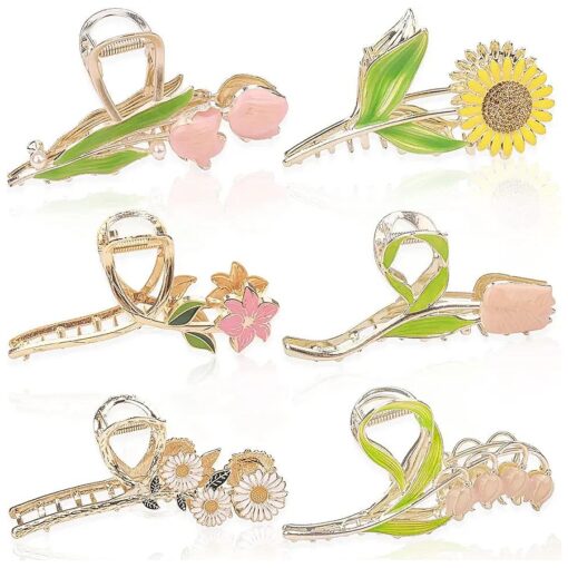 6 Pcs Large Metal Flower Hair Claw Clips Tulip Hair Claw Clip Sunflower Hair Clips Non-Slip No Broken Hair Clamps Lily Flower Hair Hold Clip for Women Thin and Thick Hair