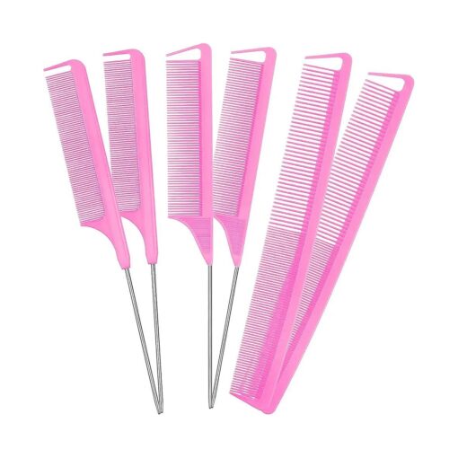 6 Pieces Parting Comb Rat Tail Hair Comb Cutting Comb Set Pintail Comb Carbon Fiber Teasing Comb Styling Comb with Stainless Steel Handle for Braids Salon Home Supplies ( Pink )