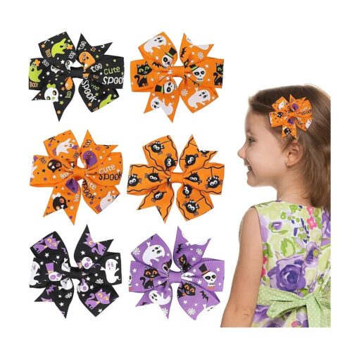 Sibba 6 Pieces Bow Hair Pins Halloween Hair Bows Clip Pumpkin Bat Pattern Boutique Clip Barrette Accessories for Girls