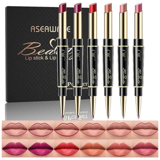 6Pcs Lip Liner and Lipstick Makeup Set, Purple Red/Claret/Vermilion/Pastel Orange/Rose/Ruby Red Lipstick Pen and with Lip Liner Pencil Set Lipstick Gift Set for Daily/Travel/Party/Work