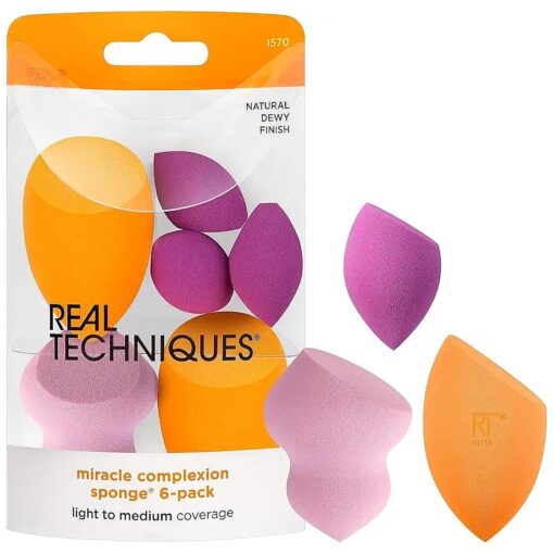 Real Techniques Miracle Complexion Assorted Beauty Sponges Makeup Blender, For Blending & Sculpting, Full Coverage, Professional Makeup Tool, Cruelty Free, Vegan, Latex Free, 6 Piece Sponge Set