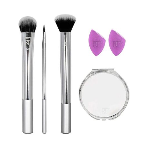 Real Techniques Poppin ' Perfection Makeup Brush Set with Makeup Blender Beauty Sponges and Compact Makeup Mirror, Set of 6