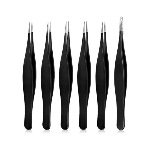 6 Pieces Pointed Tweezers Ingrown Hair Tweezers Precision Needle Point Tip Tweezers Stainless Steel Tweezers for Nose Facial Hair Eyebrow Blackhead Remover ( Black )