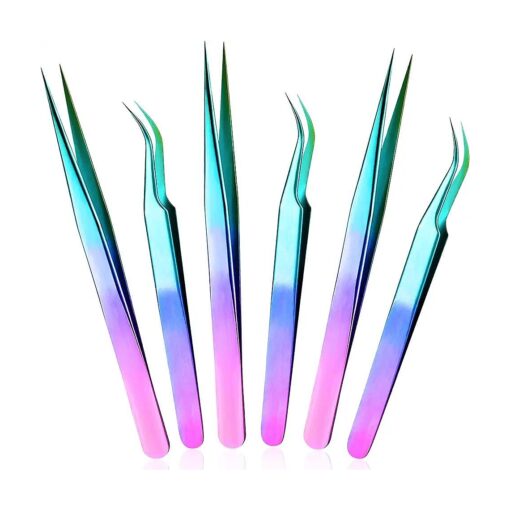 6 Pieces Eyelash Extension Tweezers, Straight and Curved Tip Stainless Steel Tweezers Nippers Volume Lash Tweezers for Eyelash Extensions False Lash Application Tools ( Laser )