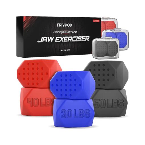 Jaw Exerciser For Men & Women By FRIVOOD- 6-Piece Silicone Jawline Exerciser Set For Defined Jawline- Jaw Toner Device With 3 Resistance Levels ( Red, Navy Blue, Black )