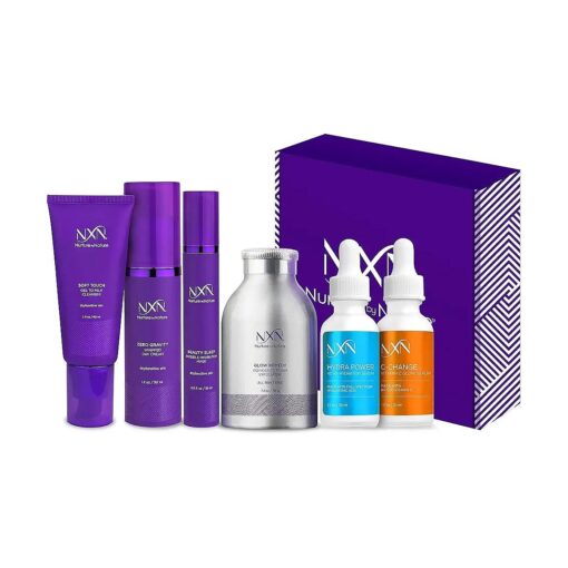 NXN Skin Care System, Complete Anti Aging Kit, Daily Moisturizer With Vitamin C & Hyaluronic Acid Serums, Face Moisturizer, Gentle Cleanser, Powder Exfoliator, Face Mask - Hydrate & Reduce Wrinkles, Purple, 6 Piece set