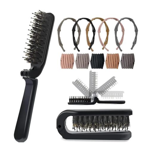 Aozzy 6Pcs Travel Brush Boar Bristle Brush Folding Hair Brush with Retractable Pocket Hair Band for Thin/Thick Hair, Mini Hair Brush for Women Any Hairstyle, Men 's Hair/Beard, Great for Purse/Pocket