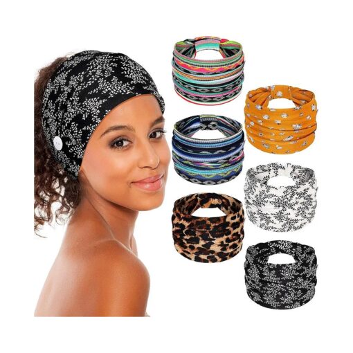 Chuangdi 6 Pieces Headband with Buttons for Mask African Boho Knot Turban Headbands Nurse Elastic Beach Hair Accessories