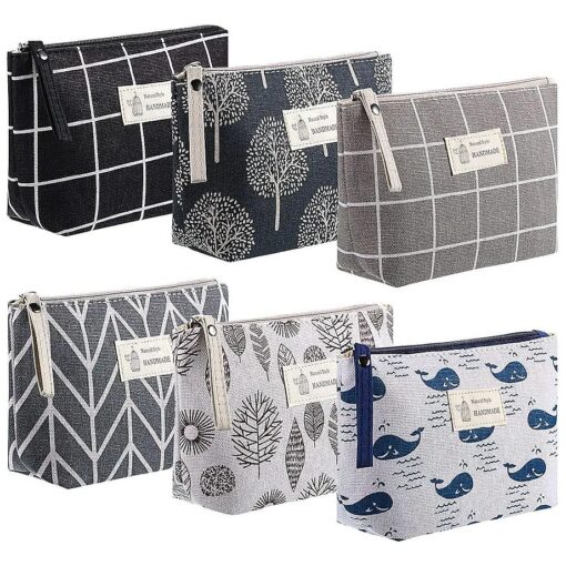 6 Pieces Canvas Makeup Bags Printed Cosmetic Bags Multi-Function Travel Organizer Pouches with Zipper Toiletry Bag Accessories for Women Girls ( Grid Style )