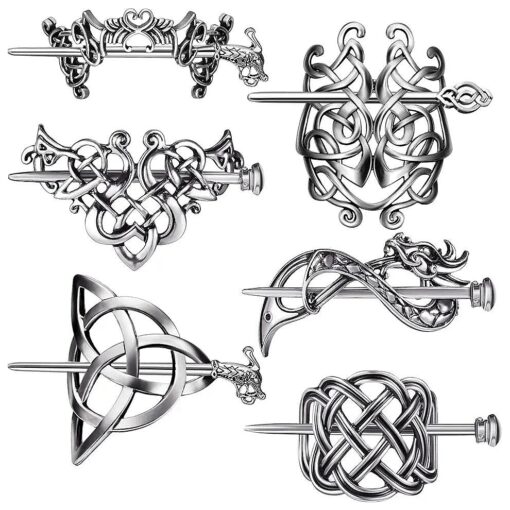 6 Pieces Silver Celtic Hair Slide Hairpins Viking Clips Knot Stick Vintage Metal Barrette Pin Retro Accessories for Women Girls