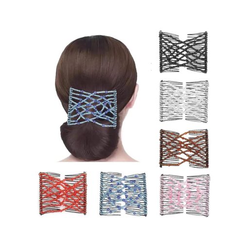 6 Pieces Magic EZ Combs, Hanhan Stretch Beaded Hair Combs Elastic Pearls Hair Clips Stretchy Hair Hairpins Double Slides Hair Combs for Women Ladies Girls DIY Hair Styling Accessories