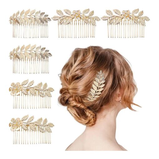 6 PCS Leaf Hair Side Combs Gold Rhinestone Hair Comb Clips with Teeth Wedding Headpiece Hair Accessories for Women, Girls, Bride, Bridesmaid ( Gold )