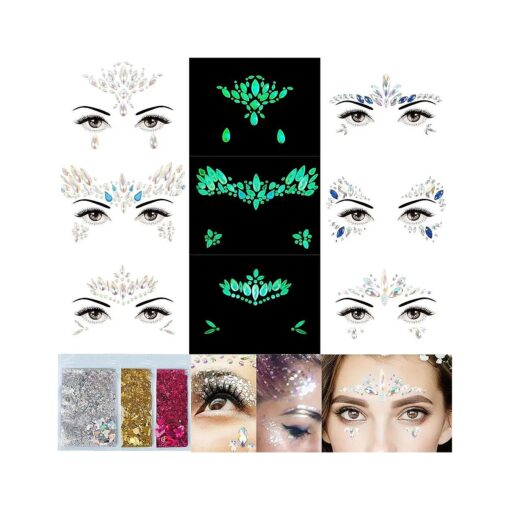 6Sheets Face Jewels Gems Self-Adhesive Rhinestone+30g Chunky Face Body Eye Hair Glitter, Rave Festival Outfits Clothes Iridescent Crystals Stickers Rainbow Body Makeup Tattoo Kit ( 3 luminous )