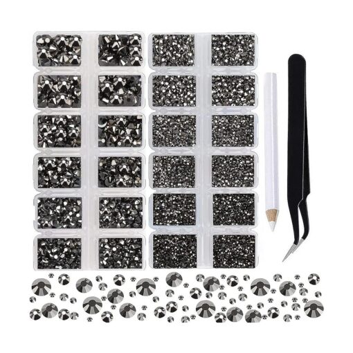 2-Box Massive Beads 8000pcs 6Sizes Nail Art Flatback Glasses Rhinestones Crystal for DIY Project with Tweezers and Picking Pen for Nail Art, Face Art, Manicure ( Silver Flare, 6 Sizes )