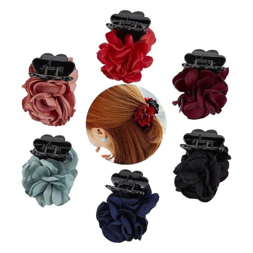 Lawie 6 Small Pack Black Red Pink Green Rose Flower Bows Banana Plastic Hair Claw Ponytail Holder Clips Jaw Barrettes Grips Clamps Buns Chignon Accessories for Women Girl