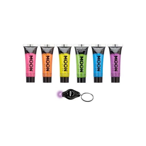 Moon Glow Blacklight Intense Neon UV Face and Body Paint 0.42oz - Set of 6 Tubes - Inc UV Keyring