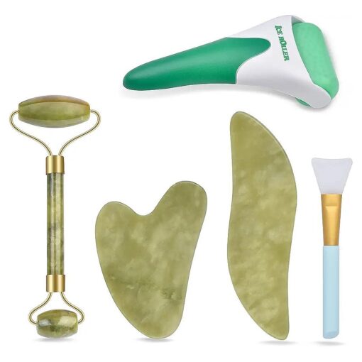 6 in 1 Ice Roller & Jade Roller and Gua Sha Set, Facial Massage Kits, Facial Roller Kit with Gua Sha Tool and Silicone Brush, Anti-aging Jade Stone Massager for Face, Eyes, Neck Massage By Charmonic